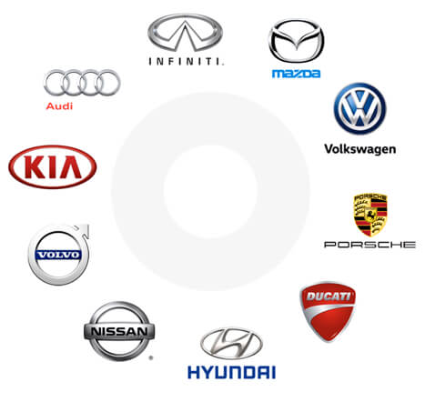 Infiniti, Mazoa, Volkswagen, Porshe, Ducati, Hyundai, Nissan, Volvo, Kia, and Audi Brand Logo