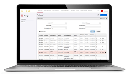 APEX dealer package management system dashboard package submission progress
