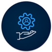 customers come first icon a hand holding a gear with a person inside 