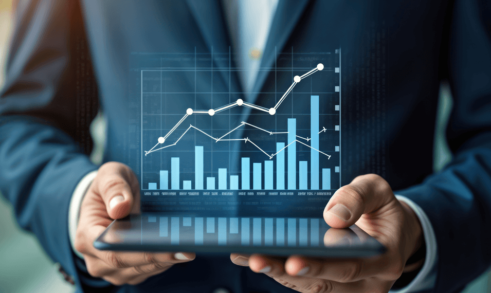 Man holding tablet to analyze dealer business management data 