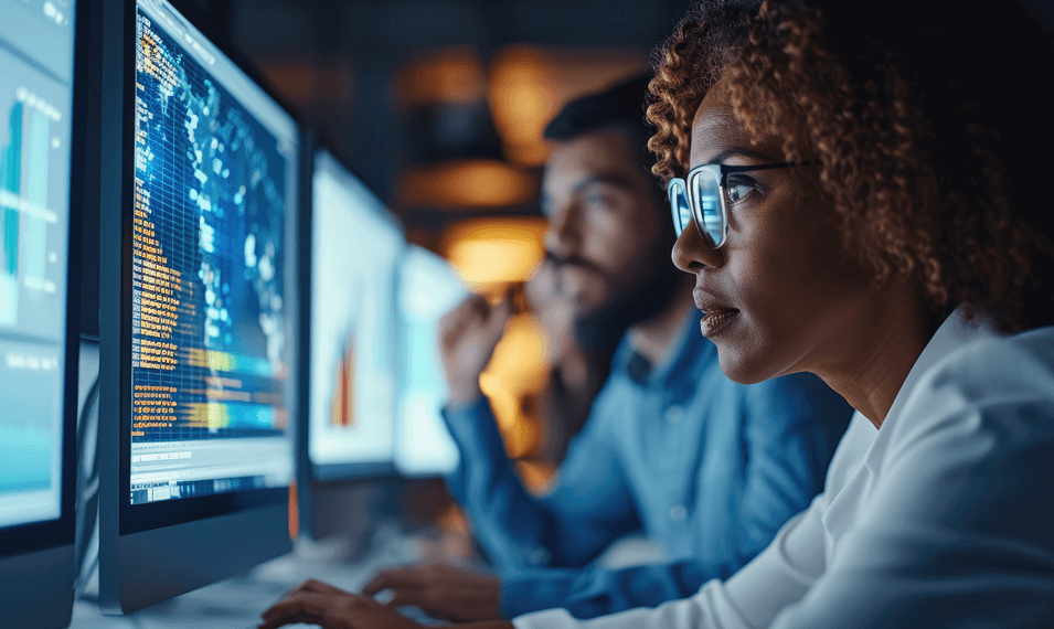 Woman analyzing data on warranty management system 