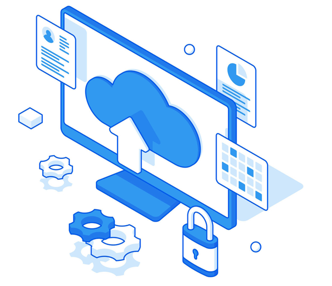 Illustration of cloud-based document sharing with security lock, gears, and data visuals representing secure franchise information management 