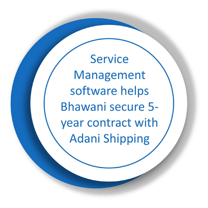 Blue circle with text 'Service Management System Helps Bhawani Secure 5-Year Contract with Adani Shipping'