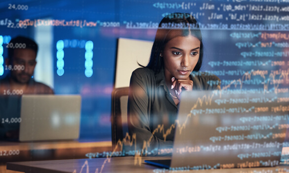 woman analyzing digital code on a screen 